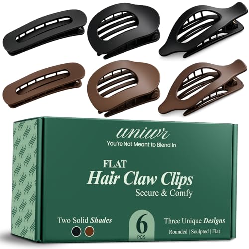 Flat Hair Claw Clips for Women & Girls - 6 Pcs Brown & Black Matte Flat Hair Clips - Non-Slip Strong Hold for Thick & Fine Hair Comfortable All-Day Wear - Ideal Gift for Women
