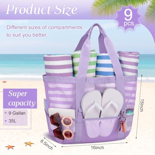 Image of Hillban Large Beach Mesh Bags Bulk for Women Beach Tote Bag with 8 Pocket Zipper Waterproof Sandproof for Pool Cruise Ship