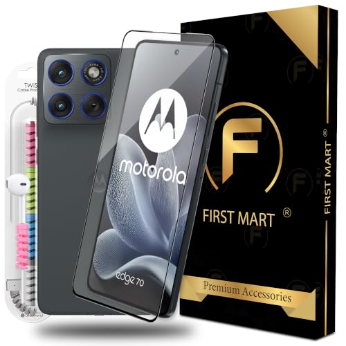 Image of FIRST MART Tempered Glass for Motorola Edge 70, 9H 0.3 mm Full-Glue Screen Protector with Cable Protector, 3D Edge-to-Edge, HD Clear, Case-Friendly, Black, Pack of 1