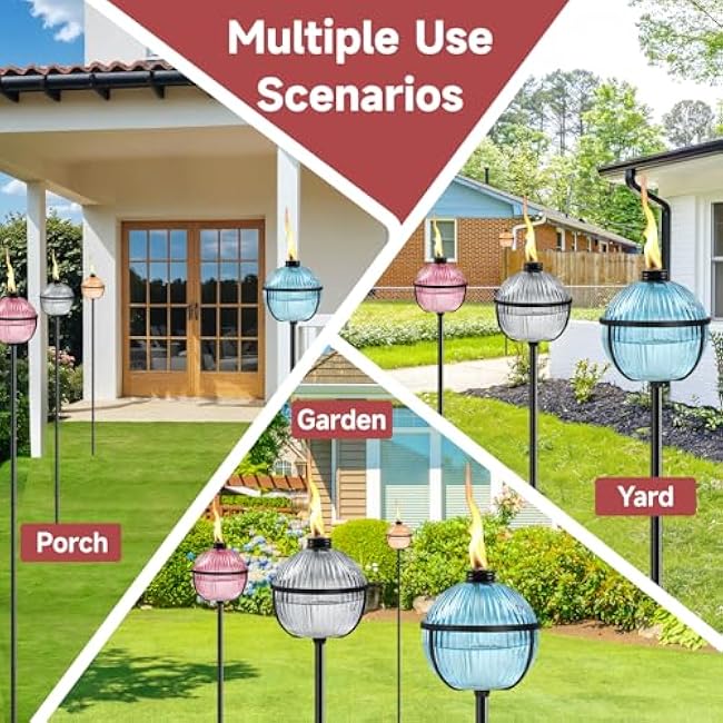 Citronella Torches Set of 4, 16 oz Glass Garden Torches for Outside, 3-Prong Grounded Stake Outdoor Torches, 58.6 inch Outdoor Torch for Yard, Patio, Deck, Party
