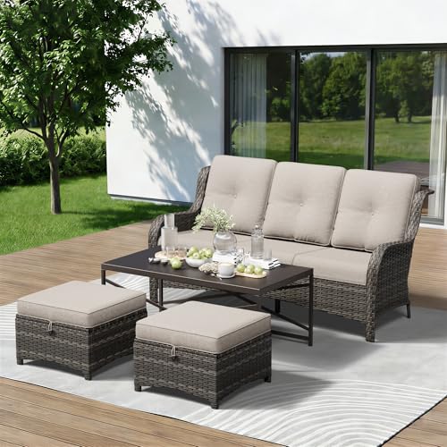 Image of 4-Piece Outdoor Couch Set, Includes Wicker Patio Sofa with Thickened Olefin Cushions, High Back and Deep Seating, Hand-Woven PE Rattan and 2 Ottomans, 1 Coffee Table for Porch, Deck