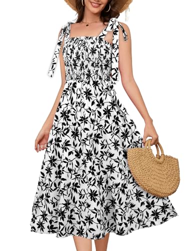 Image of Bbonlinedress Women Summer Floral Boho Casual Midi Sundress Spaghetti Strap Beach Smocked Wedding Guest Flowy Dress