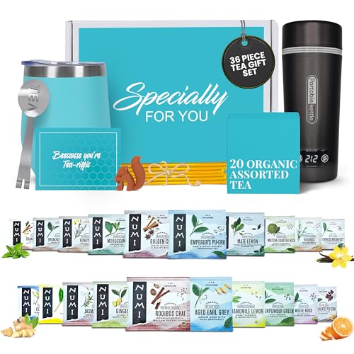 Organic Gift Set with Portable Kettle - 36 Piece Gift for Tea Lovers - Includes Insulated Mug, Assorted Organic Teas, Honey Sticks & Accessories - Ultimate Brewing Experience