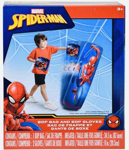 Spiderman Spider-Man Inflatable Bop Bag & Bop Gloves Set Kids Punching Bag with Gloves, Freestanding Superhero Blow Up Bouncing Boxing Bag for Exercise, Durable Heavy Duty Indoor and Outdoor - 34.5'