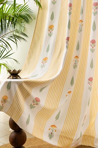 Image of Tranquebar Curtain Co. Window Curtains 5 Feet, 60-65% Room Darkening,Yellow-Pink Floral Print, Cotton Curtains for Window, Cotton Curtains 5 Feet Long Set of 2, BackTab Loops,Reva (152 cm) - Set of 2
