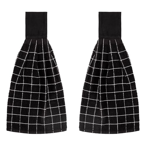 Blue Needles Hanging Kitchen Towels - Black 100% Cotton Solid Kitchen Tie Towel Set of 2 Hand Dish Cloth with Hanging Loops 9 x 17 Inches Absorbent Super Soft and Fast Drying Home Essential