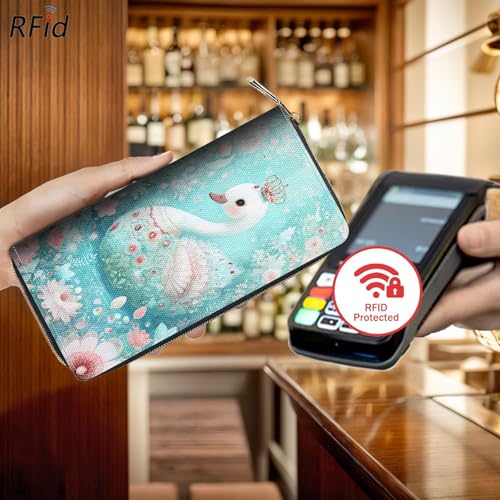 Bxgolkgd Womens Wallet, RFID Blocking Leather Wallet,Large Capacity Wallet Credit Card Holder PU Leather Ladies Clutch with Zipper Coin Pocket - Cute Swan with Ravenn3