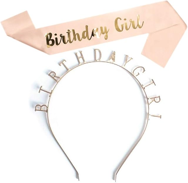 Birthday Tiara Headband Crown and Sash Kit Gold Glitter Birthday Party Decoration for Girl