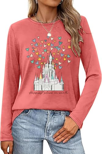 Happiest Place On Earth Shirt Women Magical Castle Balloon Graphic Long Sleeve Holiday Vacation Trip Top Pink S