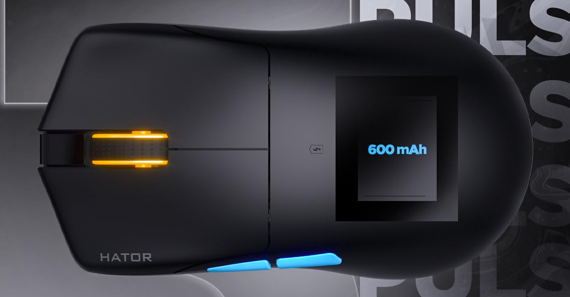 HATOR Pulsar 3 Pro Wireless Ratón Gaming inalámbrico, 65g Ultraligero, PixArt PAW3950, 30000 dpi, Optical Switches 100M, 1000Hz, 2.4GHz/Bluetooth 5.1/USB-C, PTFE Skates, 600mAh, 120h, PC/Mac (Negro)