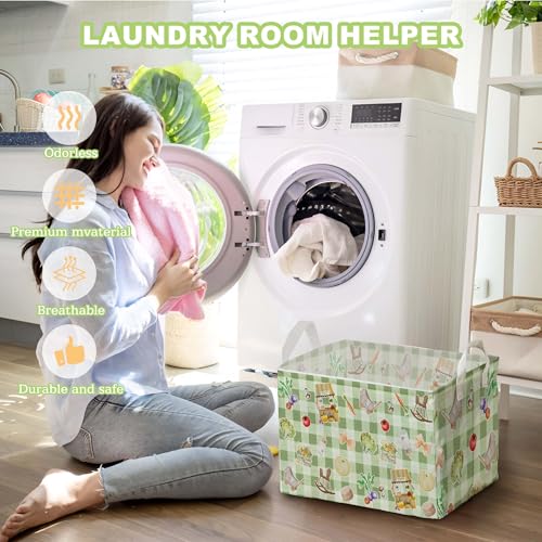 Image of Locally Grown Baby Shower Decorations,Green Storage Baskets,Farmers Nursery Decor,Large Square Canvas Laundry Hamper With A Waterproof PE Coating,Foldable Kids Toy Clothes Bins for Bedroom