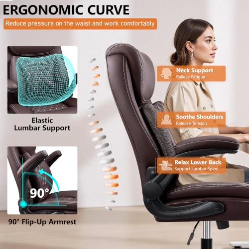 Image of BESTFAIR Office Chair, Executive Computer Desk Chair with Lumbar Support for Lower Back Pain Relief, Ergonomic Leather Home Chair Comfy with Padded Flip-up Arms and Adjustable Armrests, Coffee