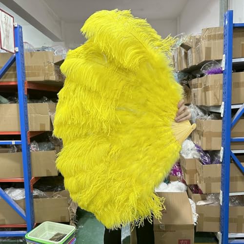 Abanicos de plumas de avestruz blancas grandes, 13 huesos, 100/130 cm, plumas esponjosas, plegables, para carnaval, escenario, ópera, accesorios de decoración, amarillo, 130 cm, abanico izquierdo