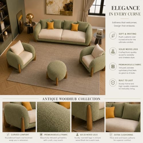 Image of Modern Sofa, Teddy Fabric, Chesterfield Style, Wooden Legs, for Living Room, Bedroom, Hallways (Olive Green - Cream, 3+1+1+Ottoman)