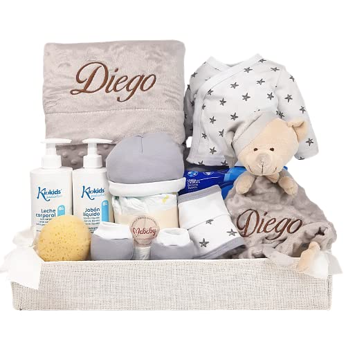 Bandeja de regalos para nacimiento - Bubble Deluxe - Set de primera puesta recién nacido con Mantita burbujas y Dou dou personalizados - Regalos para Bebé Mababy. (Gris clásica)