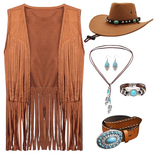 70s Outfits for Women Hippie Costume Set Fringe Vest 60s Boho Earring Cowgirl Hat Tassel Cardigan Disco Clothes Khaki