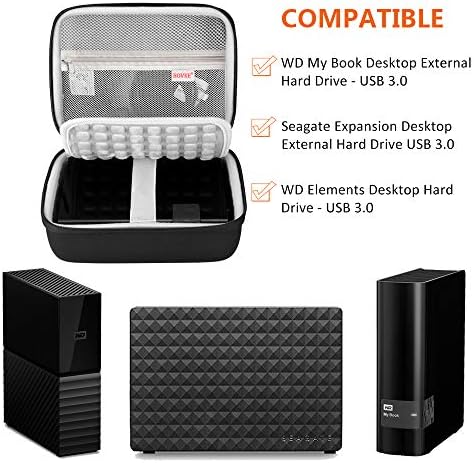 BOVKE Protective Case for Seagate Expansion Desktop, WD Elements / WD My Book Desktop External Hard Drive HDD, USB 3.0 4TB 6TB 8TB 10TB 12TB, Zipper Pocket for USB Cable Power Adapter USB Hub, Black
