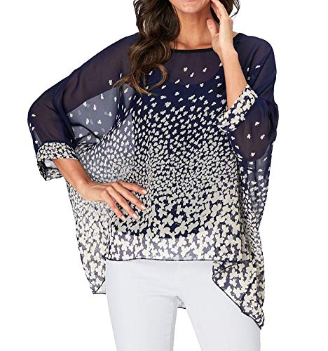 Qunsia Women Chiffon Blouse Floral Batwing Sleeve Beach Cover Up Loose Tunic Shirt Tops (4328)