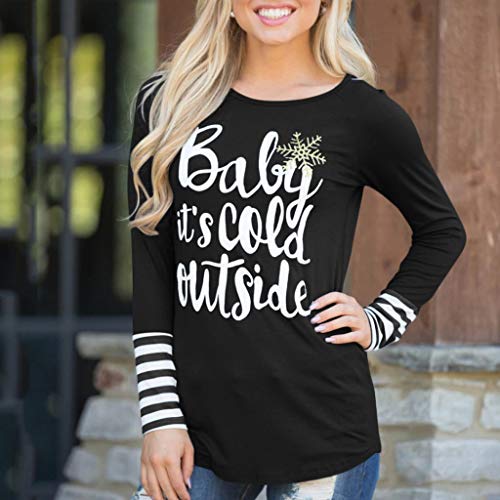 Women T-Shirt Blouse Baby It's Cold Outside Christmas Snowflake Funny O-Neck Tops Long Sleeve Baseball Tee Black