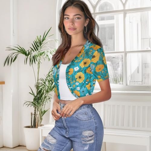 Image of Womens Short Sleeve Cardigans Lightweight Summer Cardigan Trendy Bolero Shrug Cute Floral Cardigan Sheer Bolero