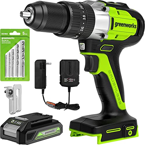 Greenworks 24V Brushless 1/2' Hammer Drill (Metal Chuck / 530 in.-lbs. / 20+3 Clutch / LED Light) + 5 PC Drill Bits, 2.0Ah Battery and Charger Included
