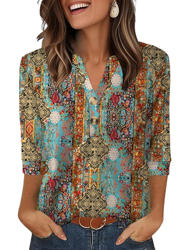 Aokosor Womens 3/4 Sleeve Tops Ladies Blouse V Neck Tunic Long Sleeve T Shirts Curved Hem Office Wear Blue Flora Top Plus Size 18-20 for UK