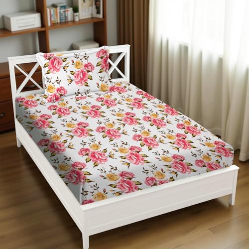 Image of 240 TC Soft Ezyption Floral Single Bed Sheet Cotton - Single bedsheet with 1 Pillow Cover Hypoallergenic, Brethable, (Size- 60 x 90 Inch | Pink White