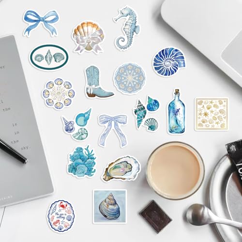 50Pcs Aesthetic Stickers for Girl, Waterproof Vinyl Blue Ocean Beach Decals for Laptop, Skateboard, Scrapbook, Water Bottle, Suitcase, Mobile Phone Children, Teenagers and Students' Party Gifts