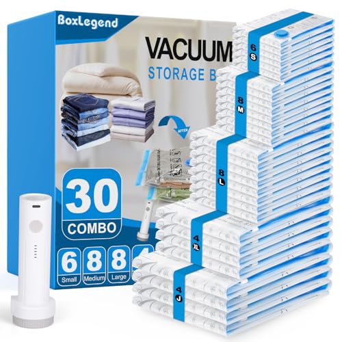 BoxLegend Vakuumbeutel für Kleidung & Bettdecken mit Vakuumpumpe, 30 Stück Vakuumierbeutel 4 Jumbo + 4 Extra Groß + 8 Groß + 8 Mittel + 6 Kleine, Perfekt für Reise & Lagerung Aufbewahrungstasche