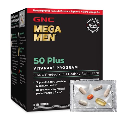 GNC Mega Men 50 Plus Vitapak Program, Convenient Complete Nutrition, 5 Products in 1 Vitamin Pack, Multivitamin, Fish Oil, Mental Sharpness, Ginkgo, Prostate Health, 30 Packets, 30 Day Supply