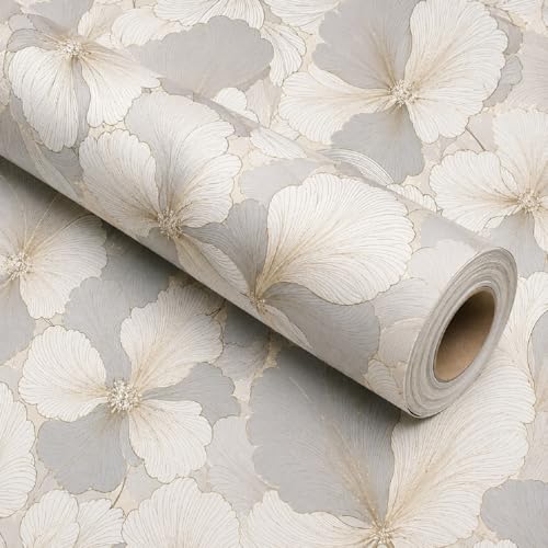 Image of KBR Elegant Grey & White Floral Wallpaper (45 x 300 cm) - Flower Pattern Peel & Stick Self-Adhesive Wall Covering with Soft Botanical Design for Roll for Living Room, Bedroom & Hallway Decor