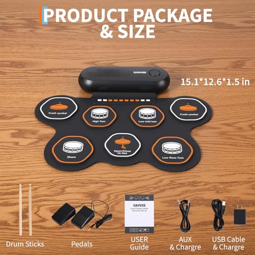 Image of Wireless Electronic Drum Set with 7 Pads, Portable Roll-Up Practice Kit for Kids & Beginners , Built-in Speaker, LED Lights, Recording & Headphone Output ,Includes Kick Pedal, Drum Sticks