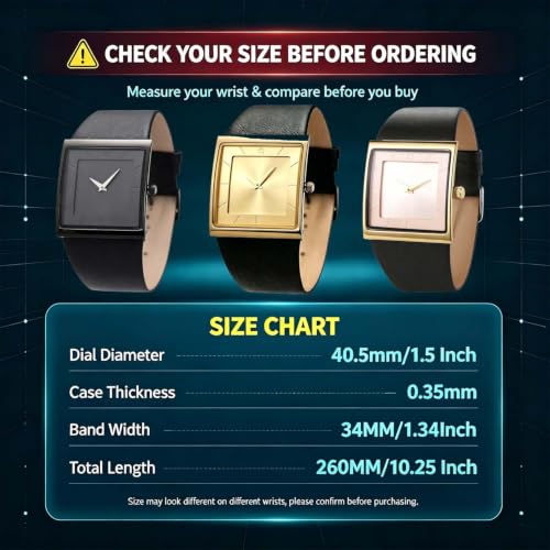 SIBOSUN Wrist Watch Minimalist Men Square Black Dial Business Style Quartz Analog, Classic Dial 1.6 Inch, Leather Strap 1.3 Inch by SIBOSUN - Used condition - Image 4