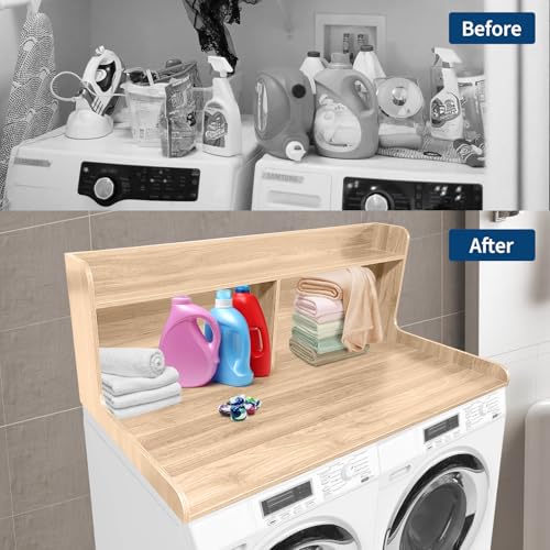 GarveeHome 2-Tier Washer Dryer Countertop, Wood Laundry Countertop with 2.75" H Edge Rails, Waterproof Washer Dryer Cover with Anti-Slip Pads for Laundry Room Organization and Storage