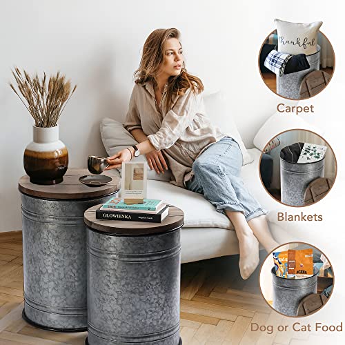 RUSTOWN Farmhouse Accent Side Table, Rustic Storage Ottoman Seat Stool, Galvanized Antique Metal End Table Box Bin with Round Wood Lid, Coffee or Cocktail Table, Nesting Pieces Two (Pure Galvanized)