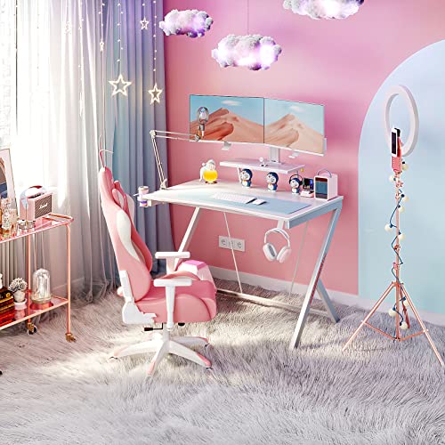 Motpk White Gaming Desk 40Inch With Monitor Shelf Computer Desk Gaming Table Desk For Girls With Cup Holder And Headphone Hook Gamer Workstation Game Table, Gift For Girls Women #TOP1