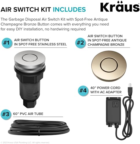 Image of KRAUS Garbage Disposal Air Switch Kit with 2 Flat-Top Push Buttons in Spot-Free Stainless Steel and Matte Black, AC Adapter, Power Cord, and Air Tube Included, KWDA-200MB