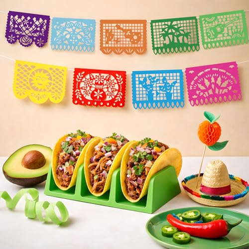 Image of OHOME Cinco De Mayo Decorations - Papel Picado Banner Streams | Mexican Theme Birthday Backdrop Flag Para Fiesta Party Decorations for Taco Accessories Decor Party Favors Supplies