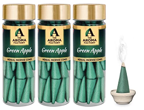 Image of The Aroma Factory Incense Dhoop Cone, Green Apple (100% Herbal & 0% Charcoal) 3 Bottles x 30 Cones