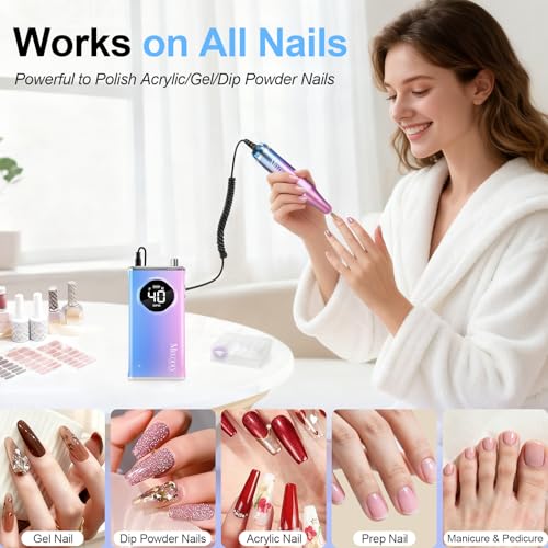 Image of Electric Nail Drill File Professional 40000 RPM, Melodly Rechargeable Electric Nail File Machine Kit for Acrylic Gel Nails Polishing Removing, Portable Cordless Efile with Gold Bits at Salon Home