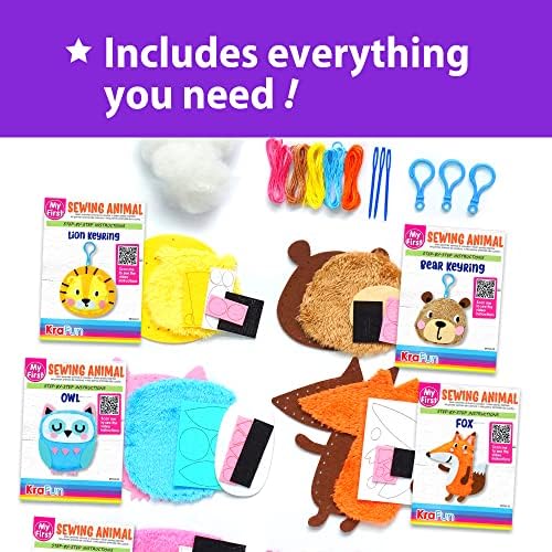 KRAFUN My First Sewing Animal for Kids, Beginner Art & Craft, Includes 5 Easy Projects Stuffed Stitch Animal Dolls, Keyring Charms, Instructions & Felt Materials for Learn to Sew, Embroidery Skills