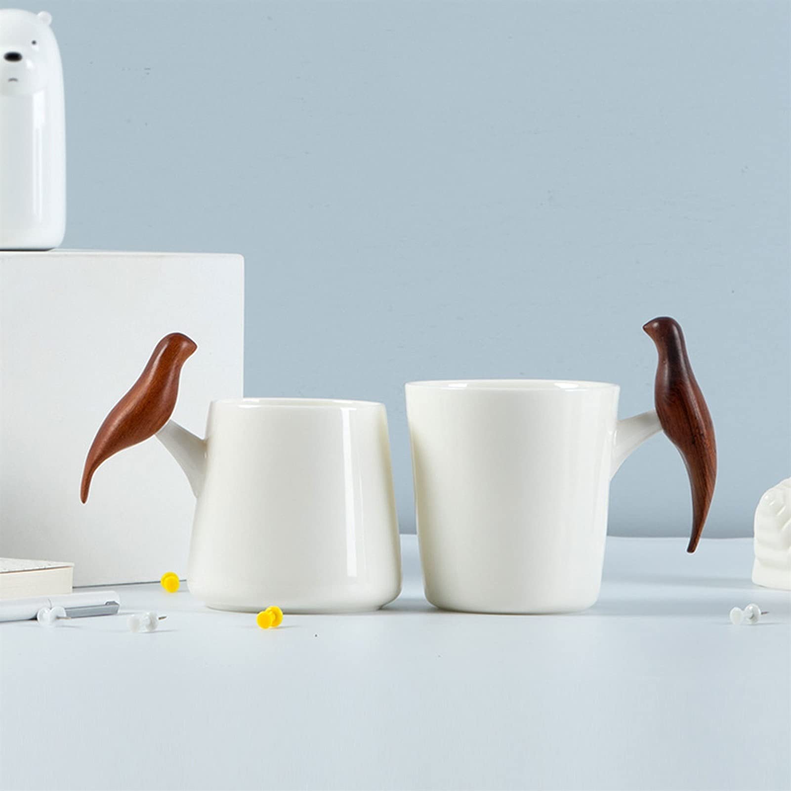 Taza de café, Taza de té, Taza de café de cerámica Blanca con Mango de Madera en Forma de pájaro, Taza de té de cerámica, Vasos para Beber para Parejas (A)