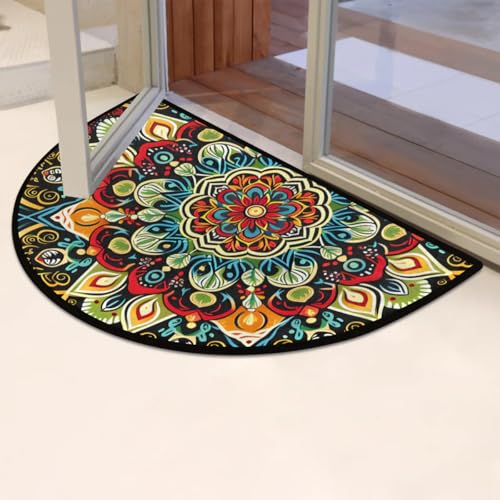 Image of Half Round Door Mat Ethnic Flower Colorful Mandala Non-Slip Semi Circle Area Rug Washable Half Moon Hearth Rugs for Indoor Outdoor Bathroom Kitchen Patio Runner Mat Laundry Room Home Decoration