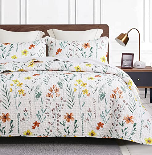 Durlengen Floral Quilt Set King Size 3Pcs, Yellow & Red Flowers And Green Botanical Pattern Printed On White, All Season Lightweight Coverlet Sets(King 106X96, Botanical Green) #TOP1