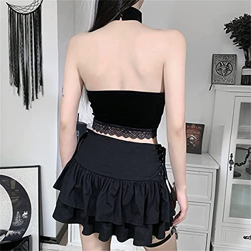 Image of Black Gothic Shirt Camisole Spaghetti Strap Tank Top Backless Y2K Clothing E-Girl Ruffle Tops