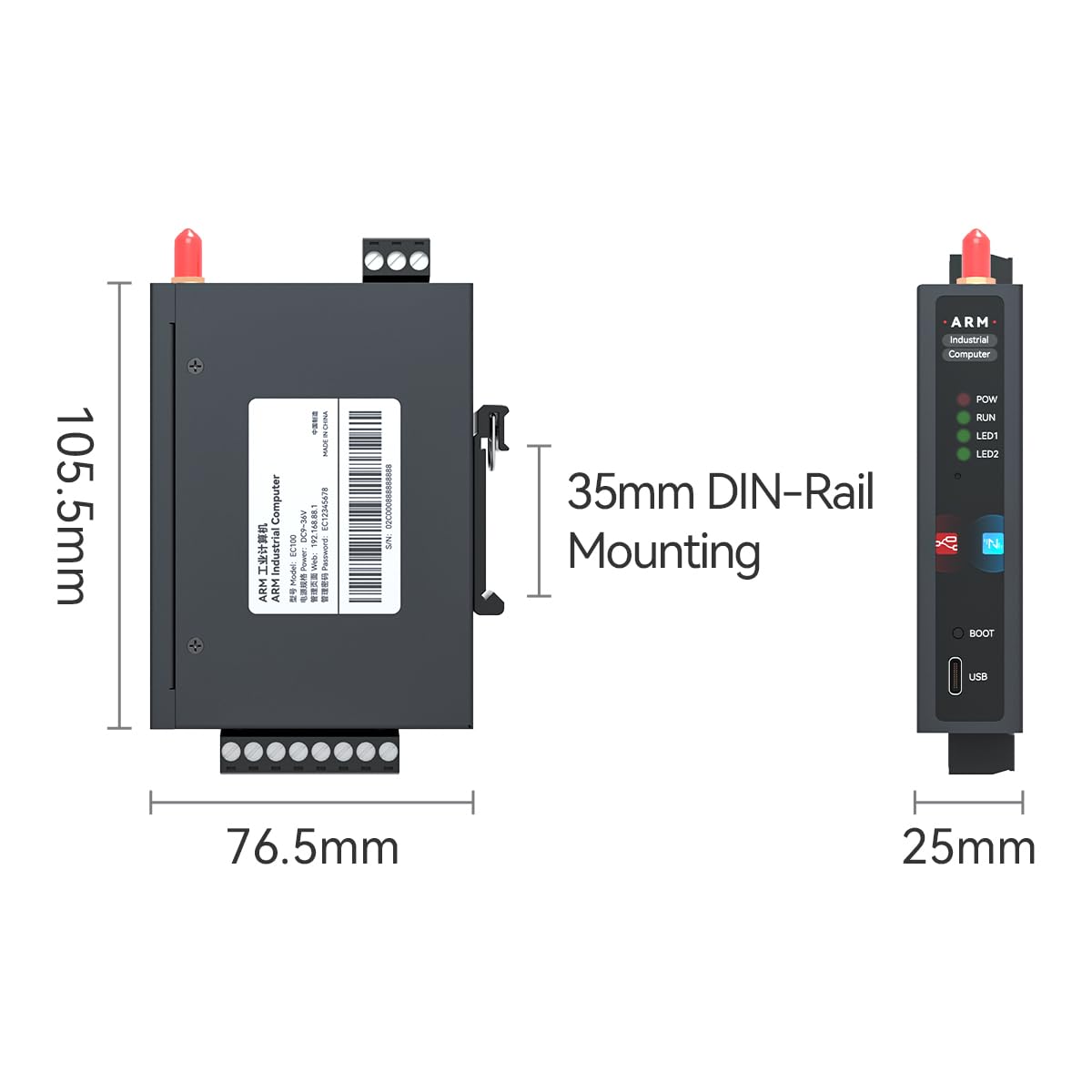 EC100 Arm Mini Industrial PC mit NodeRed NeuronEX, Offenes System Linux Ubuntu Rk3506J, Prozessor 3 Cortex-A7, 512 MB DDR4 RAM 4 GB SSD, 4G/Ethernet/WiFi/LoRawan (LAN)