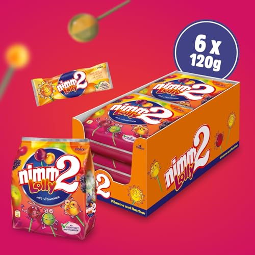 nimm2 Lolly – 6 x 120g – Frucht-Stielbonbon mit Fruchtsaft und Vitaminen