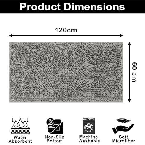 Image of LUXE HOME INTERNATIONAL Shaggy Chenille Bath Mat Extra Soft Super Absorbent Anti Skid Slip Popcorn Door Mats for Home Entrance, Bathroom, Bedroom, Kitchen, Floor Mat (60x120 cm Grey) Pack of 1