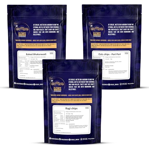Image of Evolve Combo Healthy Snacks for Kids, Adults | Baked Bhakarwadi, Ragi and Oats Chips | Vacuum Fried, No Artificial Colors & Preservatives - Pack of 3 (100g Each)