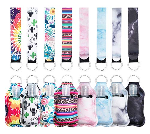 24 Pieces Hand Keychain Sanitizer Holders Sets, Include 8 Neoprene Keychains Holders, 8 Neoprene Wristlet Keychain, 8 1Oz Resuable Empty Bottles for Liquids